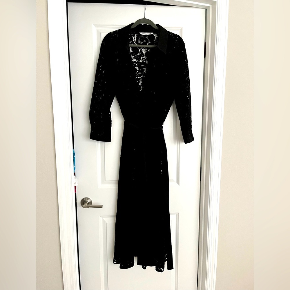 Zara XXL black  shirt style lace long dress with belt and button up,
